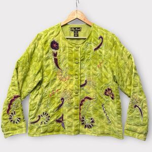 Mirasol‎ Artsy Boho Velvet Embroidered Jacket Lime Green Floral Statement Top M